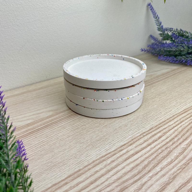 Stoneware Round 4 Piece Coaster Set, Rainbow Terazzo
