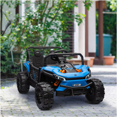 Qaba 12V  UTV, Battery Powered Ride on Truck, 3.7 MPH Off-Road Electric Car with Remote Control, 4-Wheel Suspension, LED Headlights, 3 Speeds, Horn & Music, for Boys and Girls, Blue