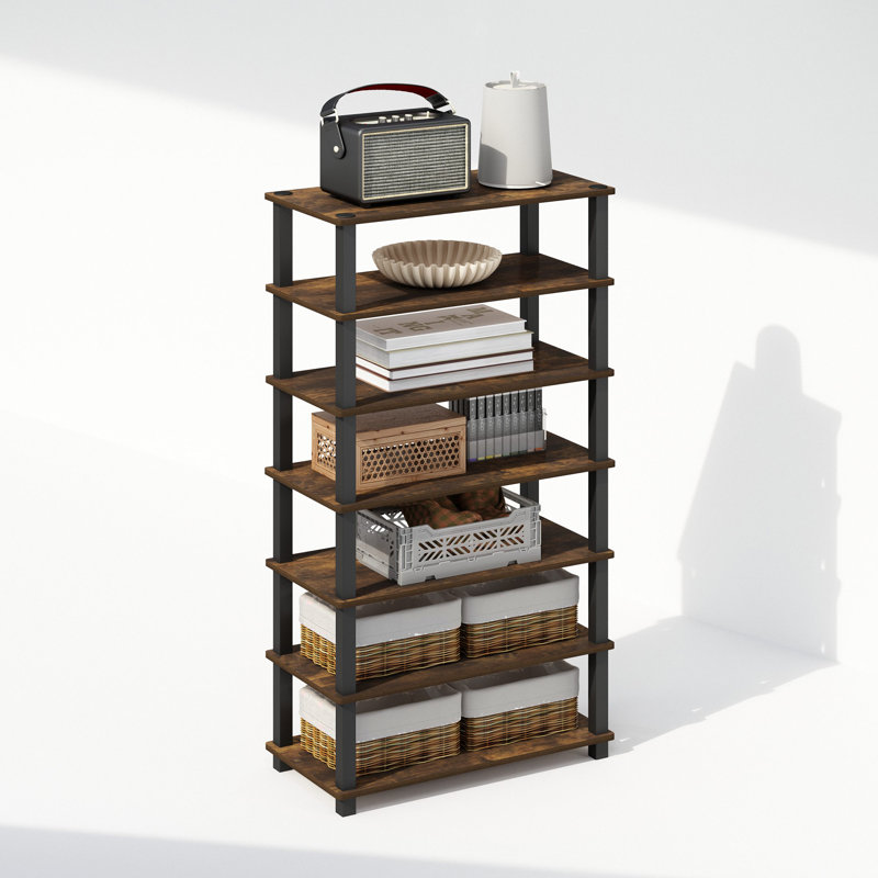 Ebern Designs Lynde 4-Tier Multipurpose Standing Shelves, Black, Set of 2, Amber Pine/Black