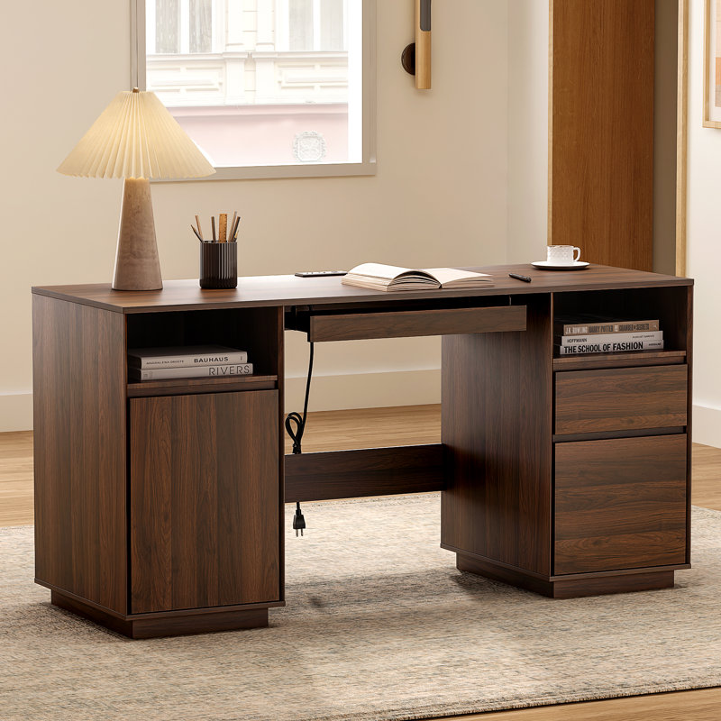Computer Desk with Built-In Electrical Outlet, Brown