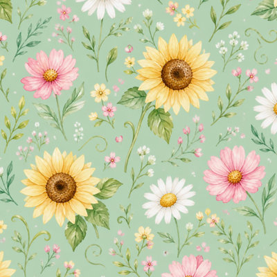 Peel and Stick Wallpaper Green sunflower watercolor Rustic pink wildflower daisy print Contact Paper Removable Self Adhesive Wall Mural Wall Decor for Bedroom Kitchen Cabinets 24in x 118in