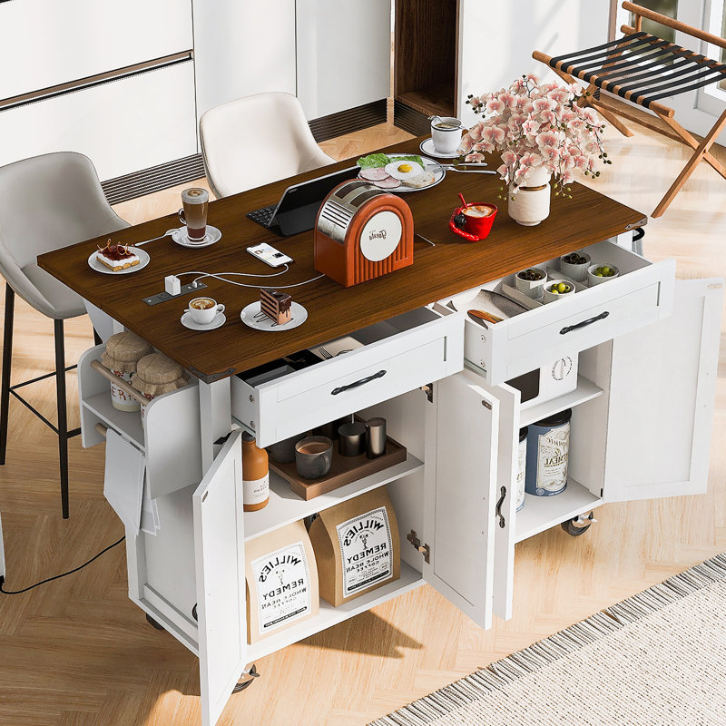 53.5'' Farmhouse Kitchen Island with Power Outlet, Drop Leaf, and Ample Storage for Home, Kitchen, and Dining Room