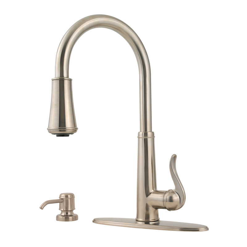 Ashfield Pull Down Single Handle Kitchen Faucet with Soap Dispenser, Brushed Nickel