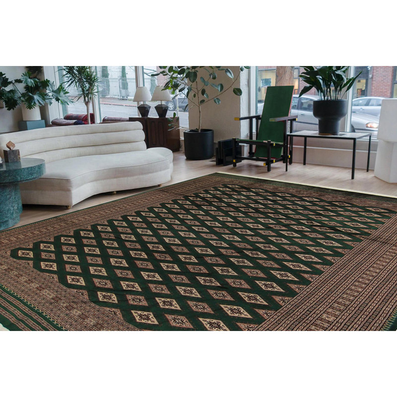 Tapis géométrique vert / brun / beige en laine noué à la main 9 pi x 11 pi 8 po Abril