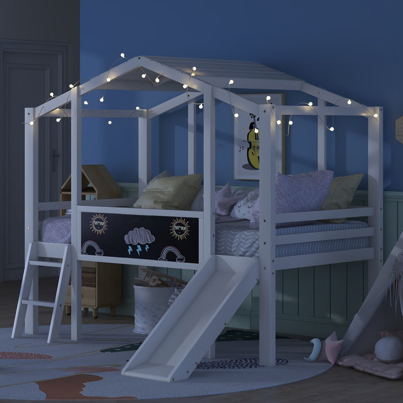 Crone Kids Twin House Loft Bed with Lights, Blackboard and Slides, White