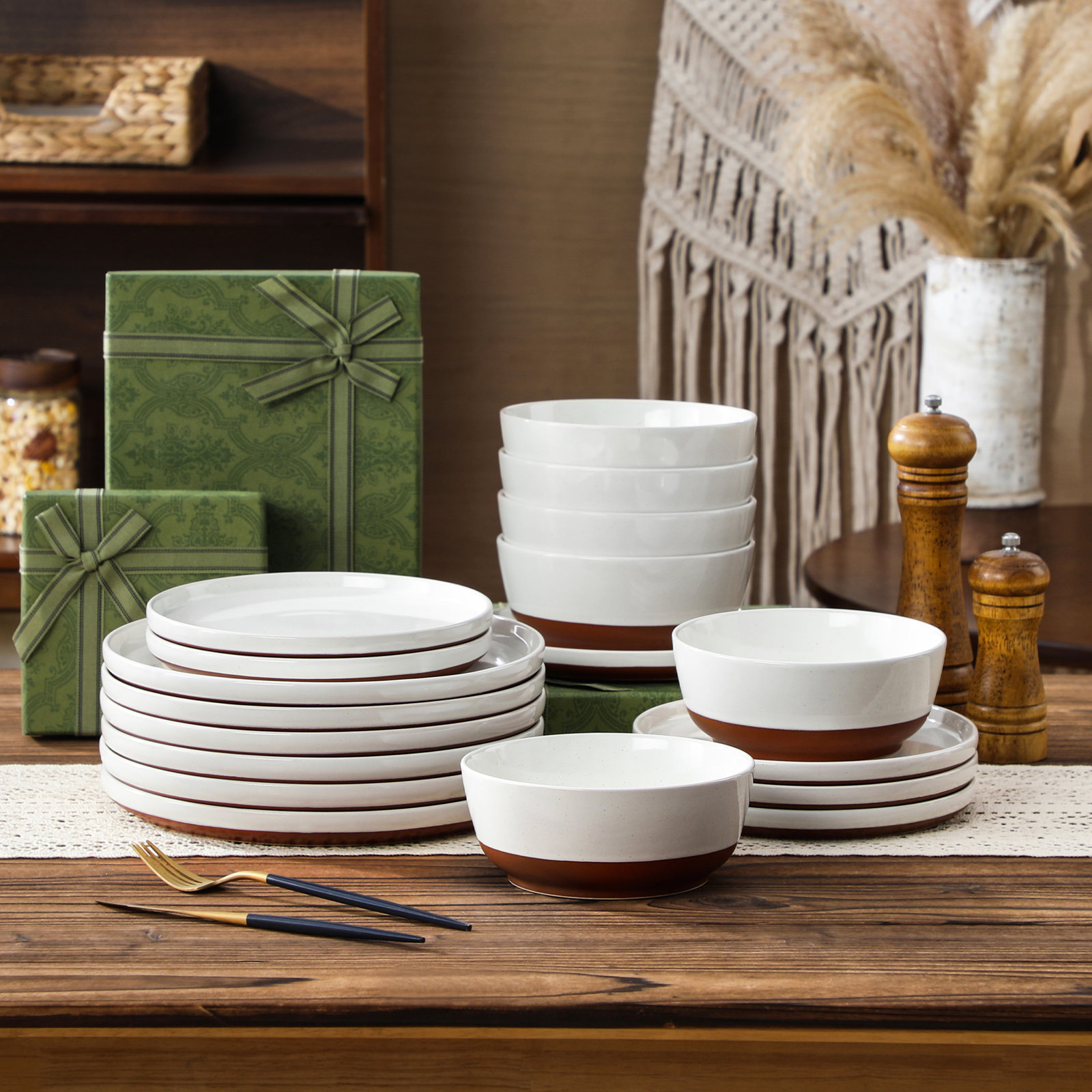 Organic Modern 18-Piece Dinnerware Set For 6, White Glaze With Exposed Khaki Clay Base, Earthy Two-Tone Tableware