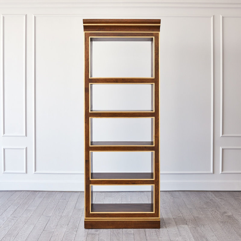 Walnut Finish Mango Wood 5-Tier Adjustable Library Bookcase with Brass Details