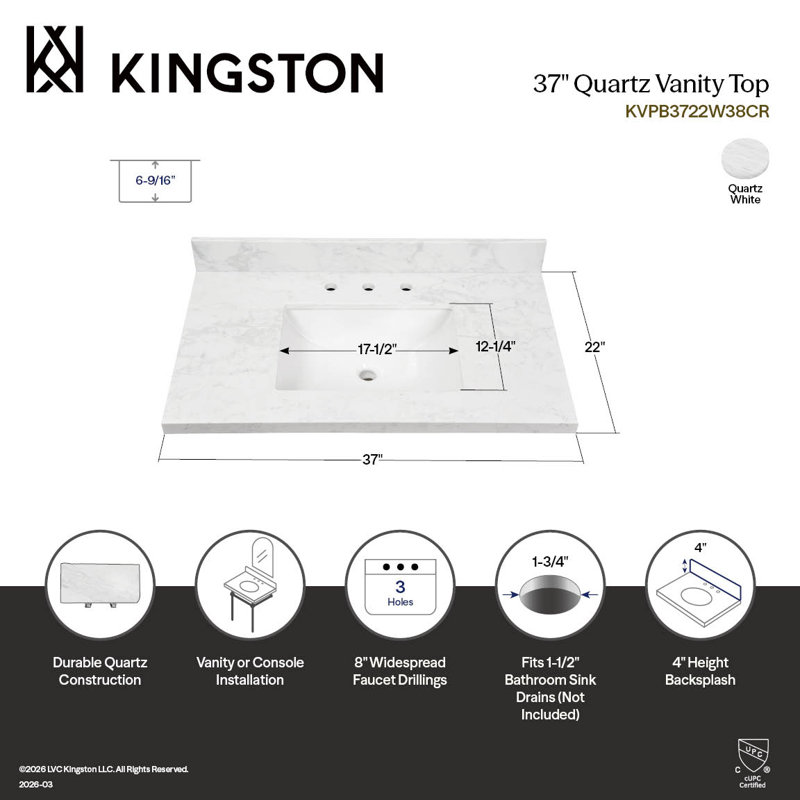 Dessus de meuble-lavabo à quartz en laiton 37 po Kingston (trous de robinet 8 po)