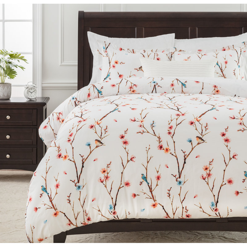 Twin Orange Floral Print Reversible Microfiber Duvet Cover Set