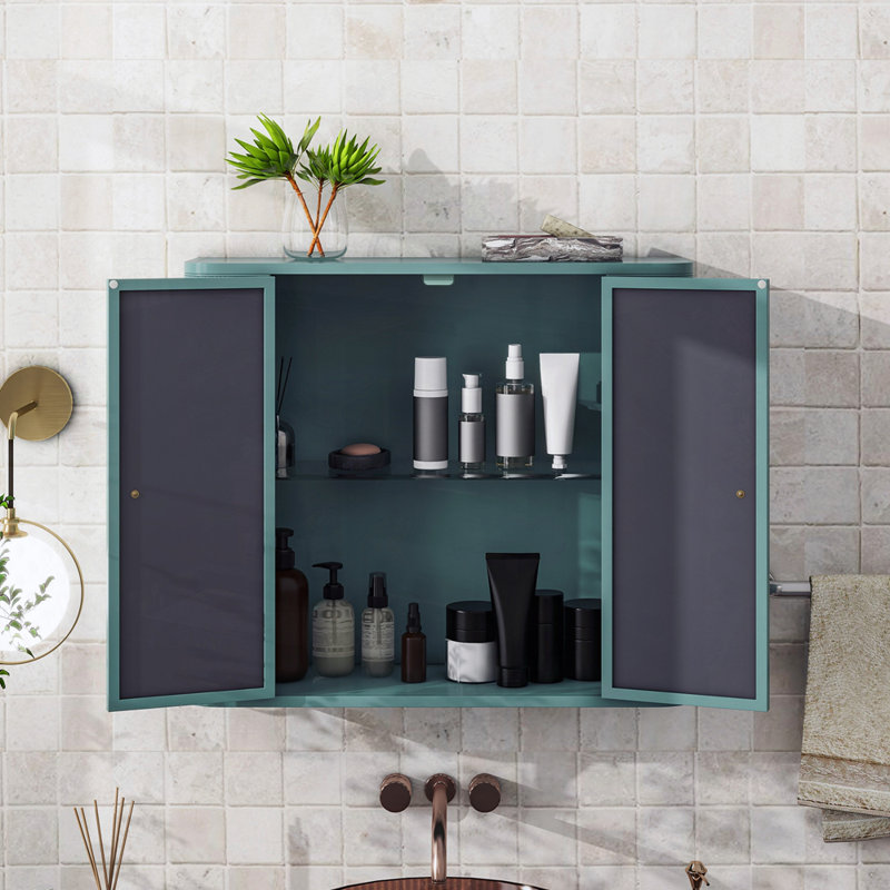 Armoire de salle de bain murale polyvalente avec miroir et tablette ouverte pour le rangement, Vert d’armée