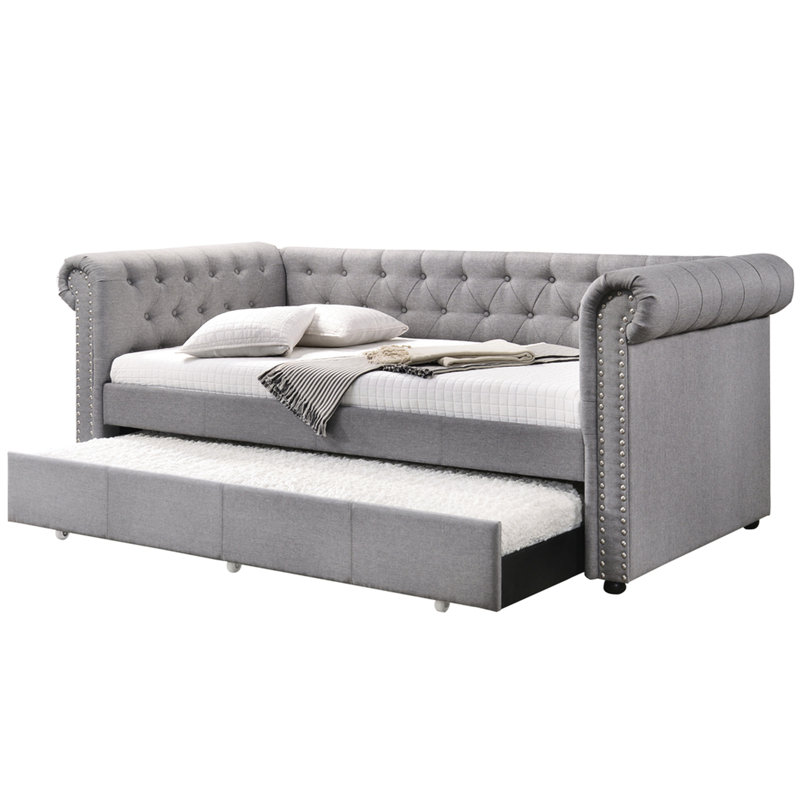 Lit de jour simple en tissu gris fumée avec couchette - Pieds ronds en bois, plancher de 96 po de largeur, 12 po, sans rangement
