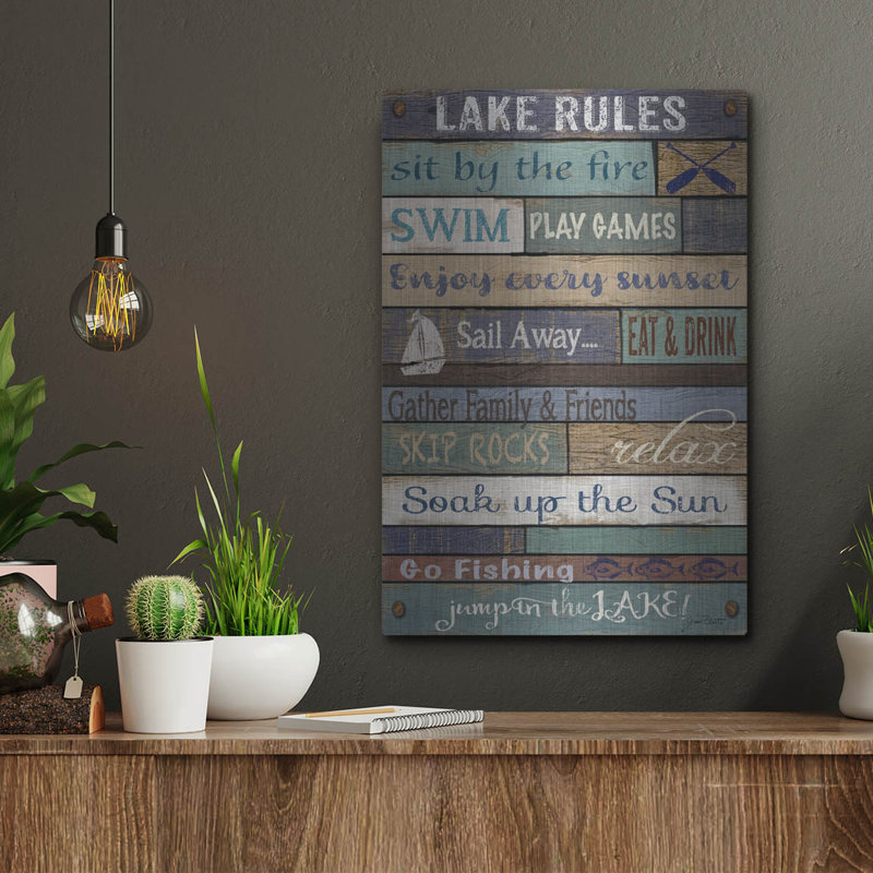 «Lake Rules On Wood» par Jean Plout, art mural en métal, H 16 po x l 12 po