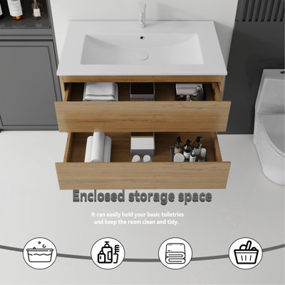 Meuble-lavabo flottant 30 po avec lavabo, tiroir à fermeture en douceur, lavabo en céramique, contreplaqué