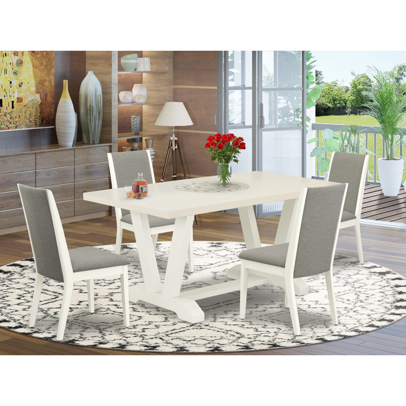 L'ensemble de table de salle à manger 5 pièces contient une table de cuisine en lin blanc cassé (blanc cassé) et 4 chaises de salle à manger en tissu de lin shitake à haut dossier - Lin brossé blanc.