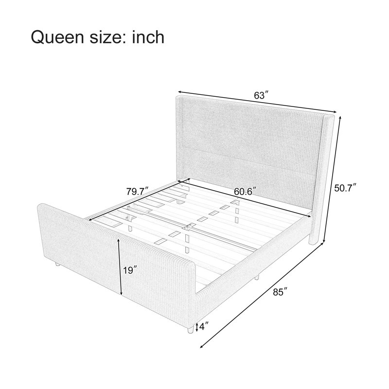 50.7" Queen Corduroy Upholstered Platform Bed with Wingback High Headboard & Footboard, No Box Spring, Queen