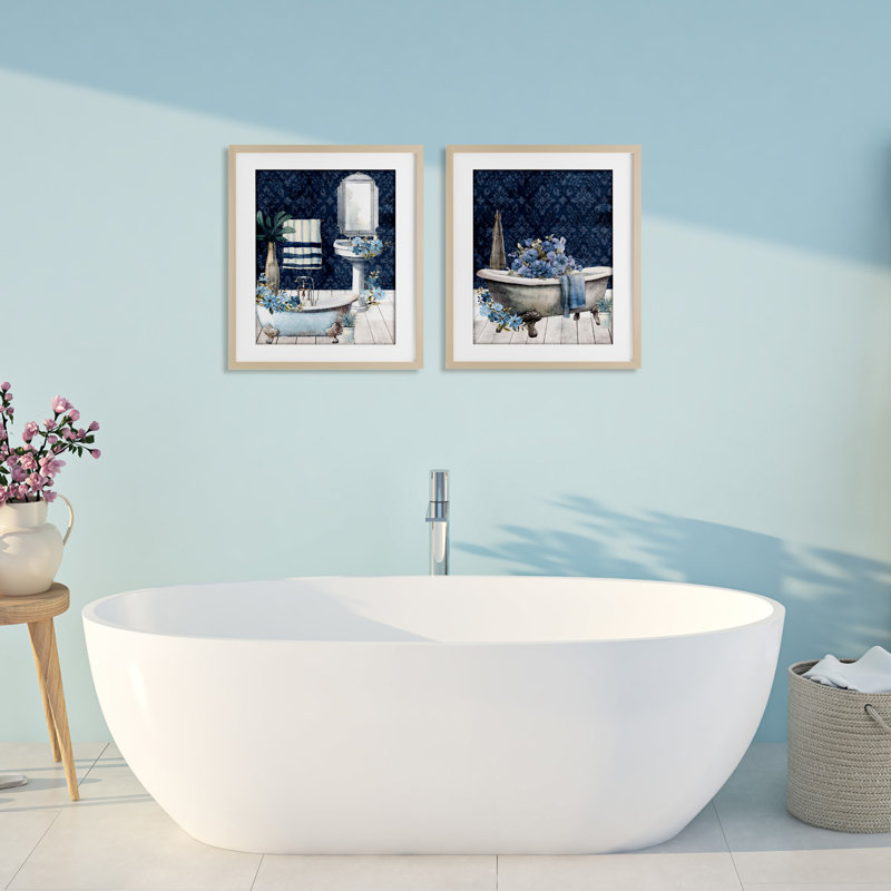 «Blue Bath Floral Interior», ensemble de 2 impressions encadrées sous verre, design par Kim Allen, Cadre de récolte en pin