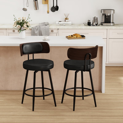 Tabourets de bar de 66 cm (26 po) de hauteur comptoir avec dossier en bois incurvé, assise ronde rembourrée, pieds en métal et repose-pieds intégrés
