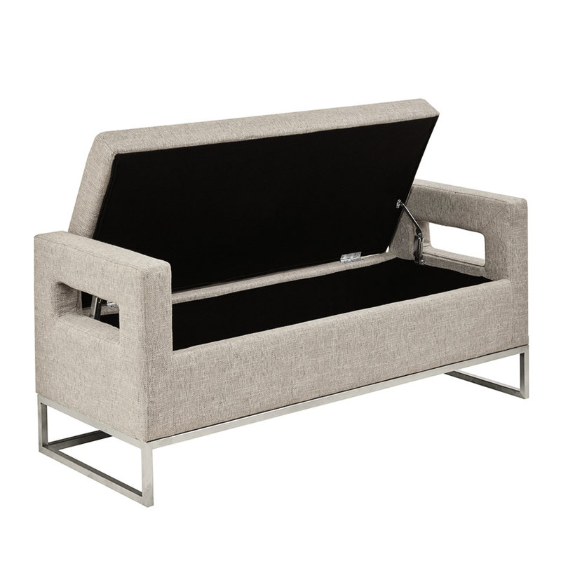 Banc doux rembourré gris avec base en bois massif et rangement rectangulaire de style - Contreplaqué l 50 po x P 20 po pour le salon de la chambre à coucher