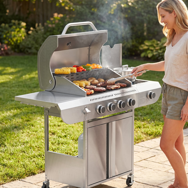 Barbecue au propane liquide à 4 brûleurs en acier inoxydable COWSAR 1 brûleur latéral, Acier Inoxydable