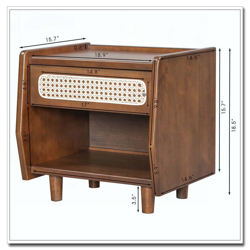 Table de chevet avec détails en rotin, Noyer