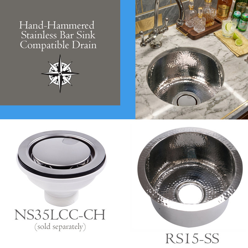 Brightwork 15-Inch Hand Hammered Round Stainless Steel Bar Sink, Polished Stainless