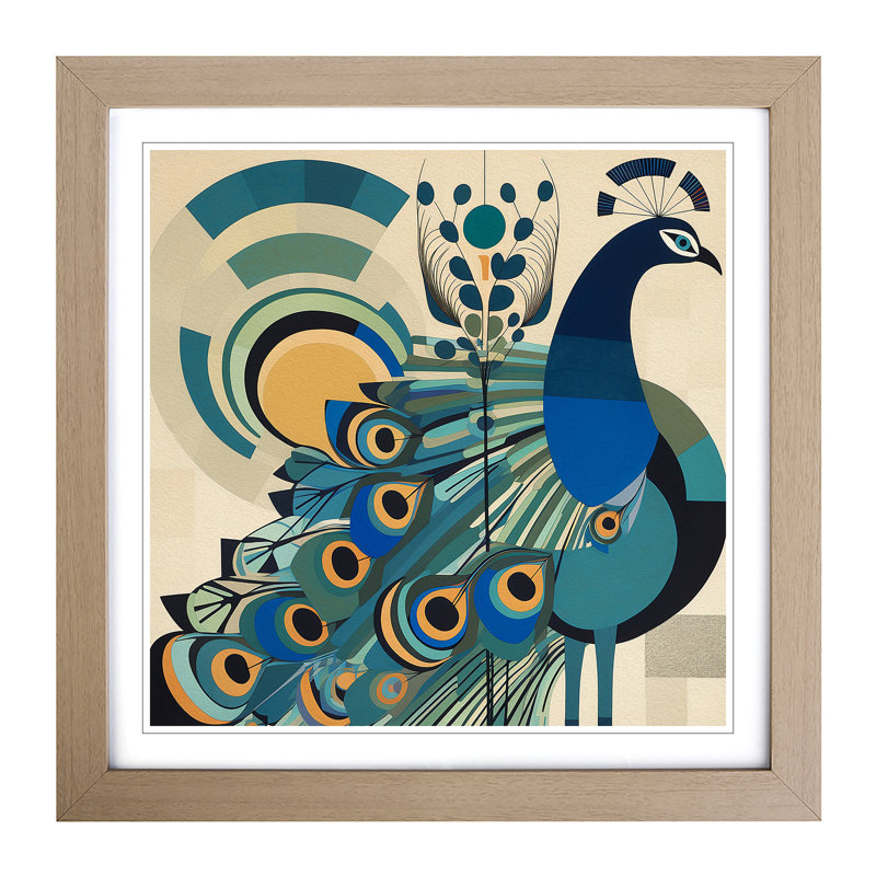 Peacock Bauhaus No.3 - Single Picture Frame Print on Wood, Oak