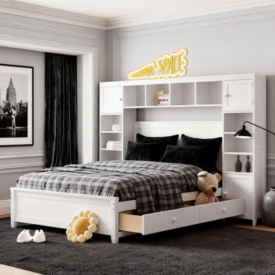 Wooden Bed With All-in-One Cabinet and Shelf
