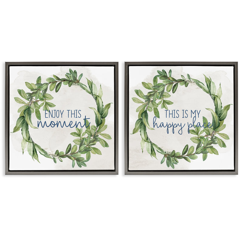 «Enjoy Happy Greenery Wreath», ensemble de 2 toiles flottantes encadrées par Ann Bailey, Cadre flottant gris lustré