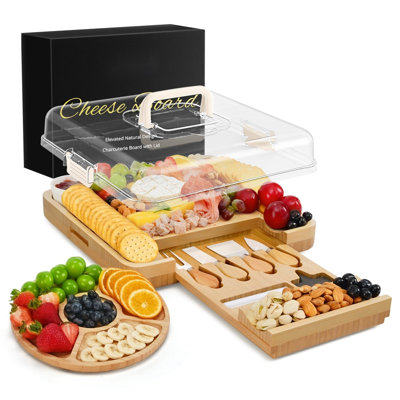 Premium Charcuterie Board With Lid – Bamboo Cheese Board Set With Utensils, Drawer & Fruit Tray – House Warming Gifts New Home, Wedding, Birthday, Bridal Shower (Cream)