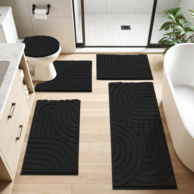 Ensemble de tapis de bain en microfibre 5 pièces avec envers antidérapant, Noir