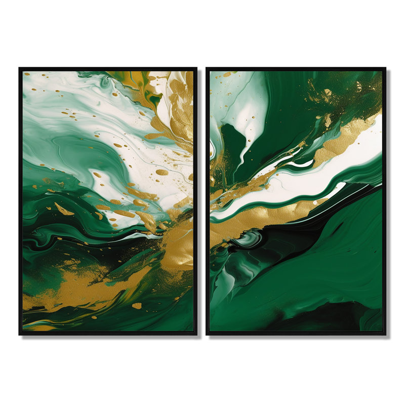 Vert et or liquide Magic II - art mural abstrait, Noir, H 36 po x l 48 po, Impression encadrée flottante