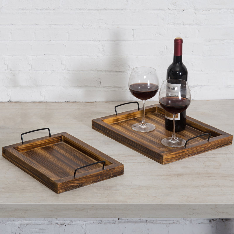 2 Piece Ottoman/Coffee Table Serving Tray Set, Brown