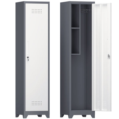 Armoire de rangement à balai en métal, armoire à balai étroit de 65 po avec crochets, armoire de rangement mince pour salle de bain avec tablettes, armoire de rangement de nettoyage robuste pour buanderie, gymnase, bureau, garage, tablettes utilitaires