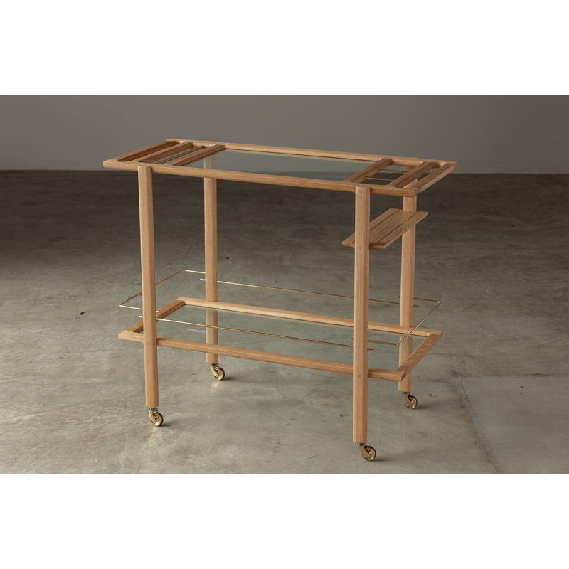 Solid Wood Bar Cart with Wheels, White Oak/Brass