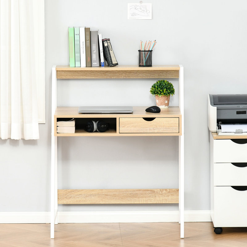 Bureau d'ordinateur avec aspect bois naturel, tiroir, tablettes de rangement, économiseur d'espace, structure en métal pour bureau à domicile, bois, tablette de présentation, largeur de 19,29 po, conception stable