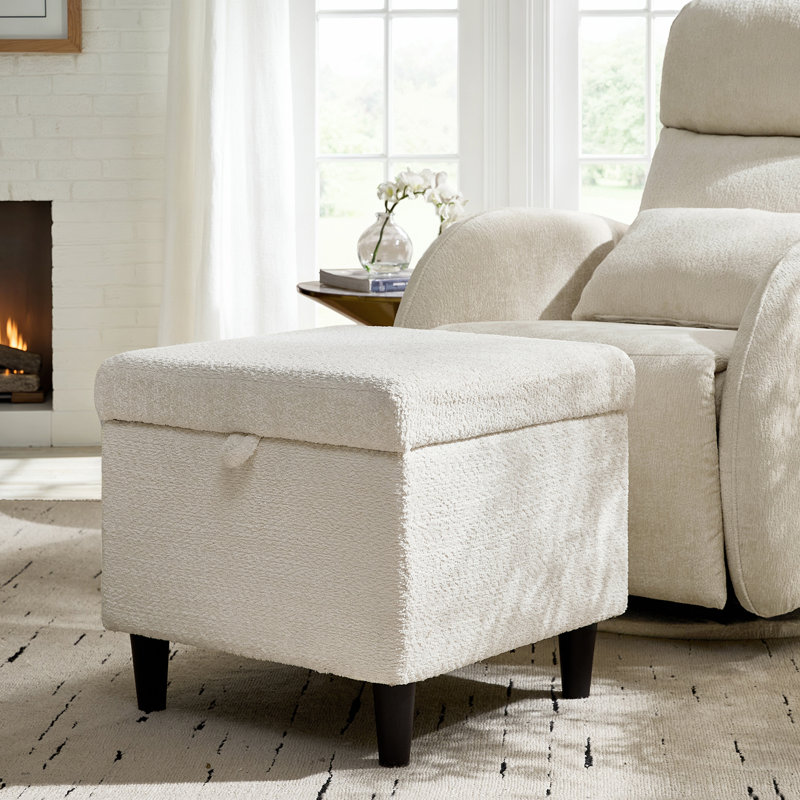 Willie Modern 22"W Lift-Up Top Chenille Storage Square Ottoman with Wheels, Ivory