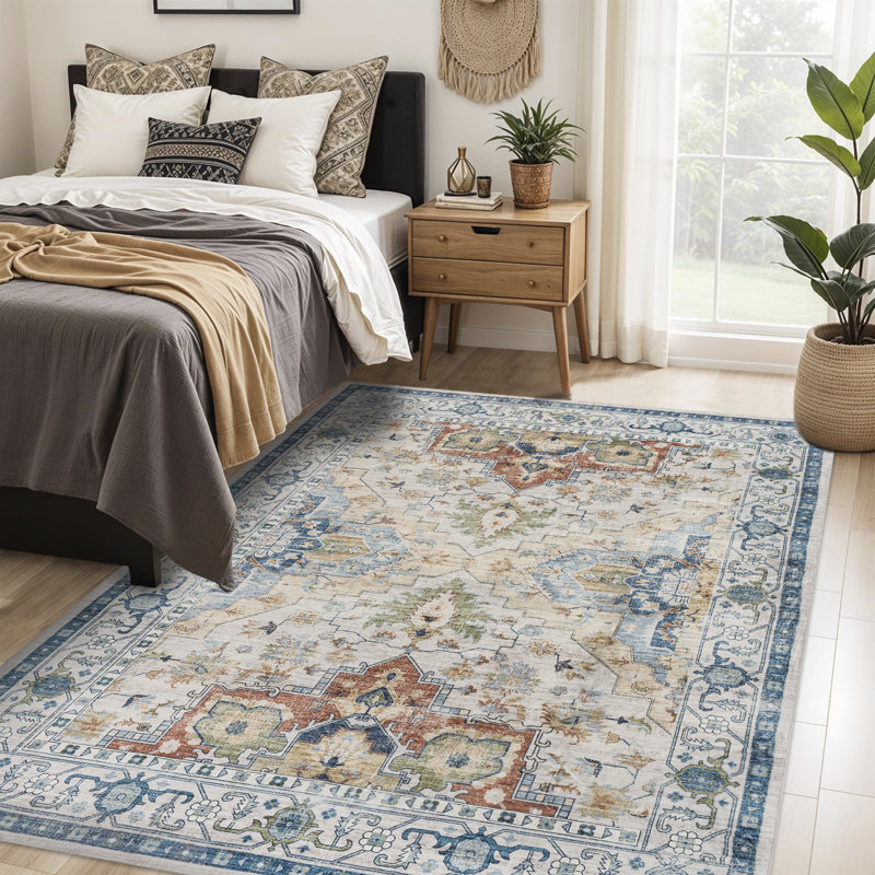 Machine Washable Vintage Oriental Area Rug Non-Slip Backing Blue/Beige/Rust Indoor Carpet for Living Room, Bedroom, Hallway Runner