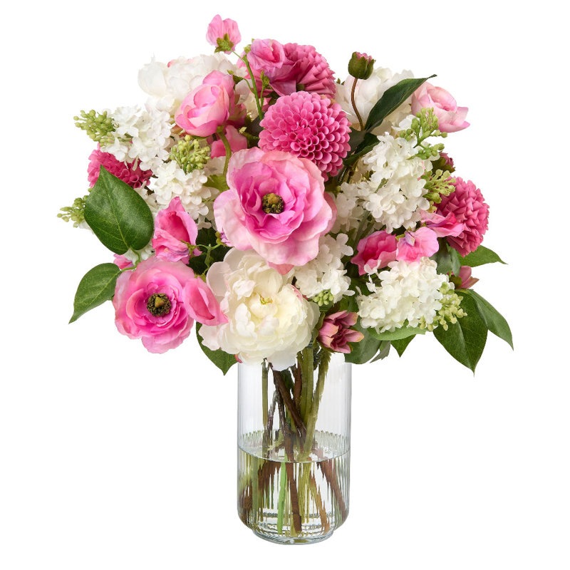 Lilac, Dahlia and Peony Bouquet in Glass Vase