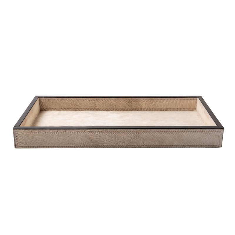 Cream Cow Hide Rectangle Tray With Black Leather Trim - Large, 2" H x 20" W x 10" D