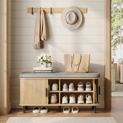 Shoe Storage Bench with Smooth Fluted Sliding Doors, 2 Tier Hidden Shoe Organizer Cabinet