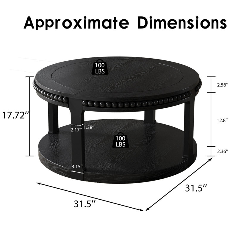 Table basse ronde en bois massif de 31,5 pouces - Conception à deux niveaux avec pieds robustes, Noir