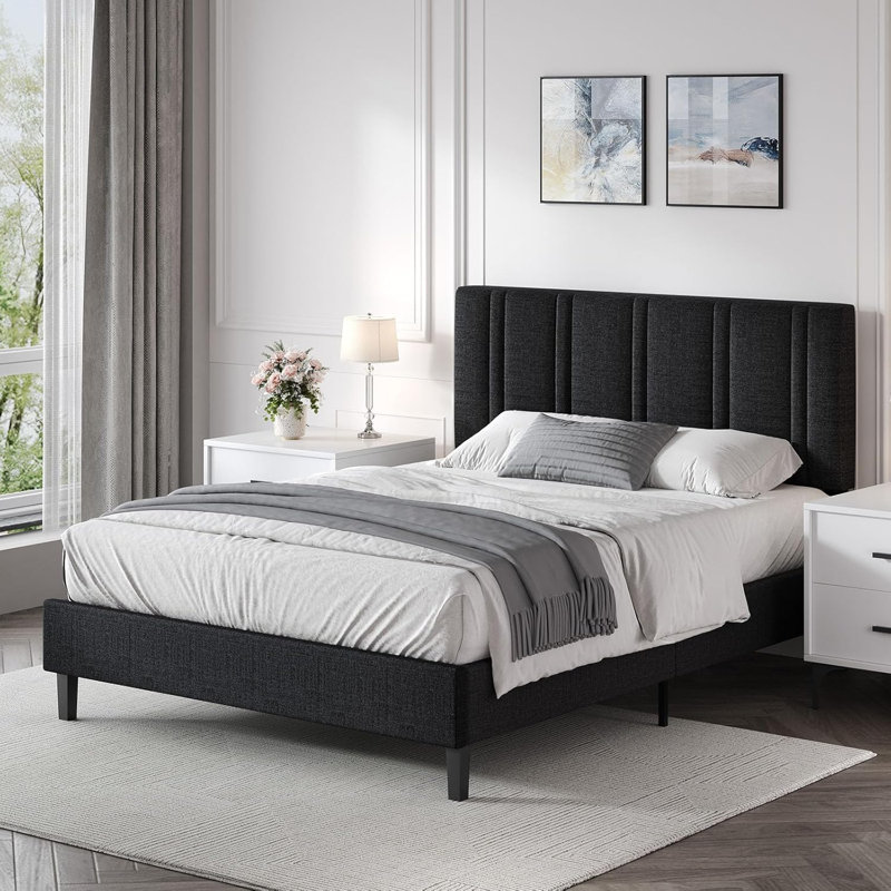 Tufted Headboard, Upholstered Platform Beds with Wooden Slats Support, Fabric Bed Frame, Queen, Black