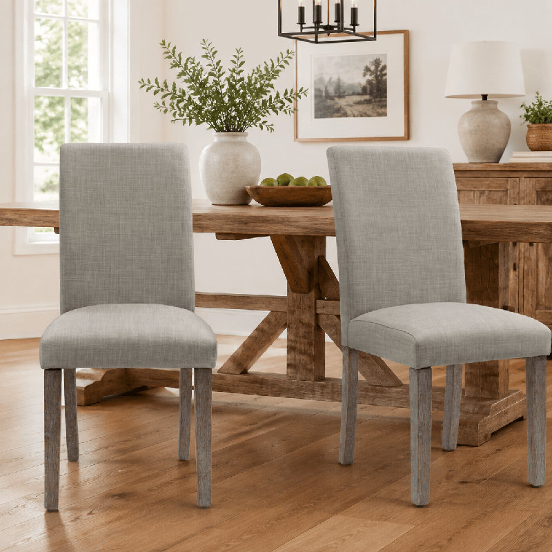 Lot de 2 chaises de salle à manger rembourrées, style chaises d'appoint, pour cuisine ou salon, avec pieds en bois massif et revêtement en tissu mélangé en lin.