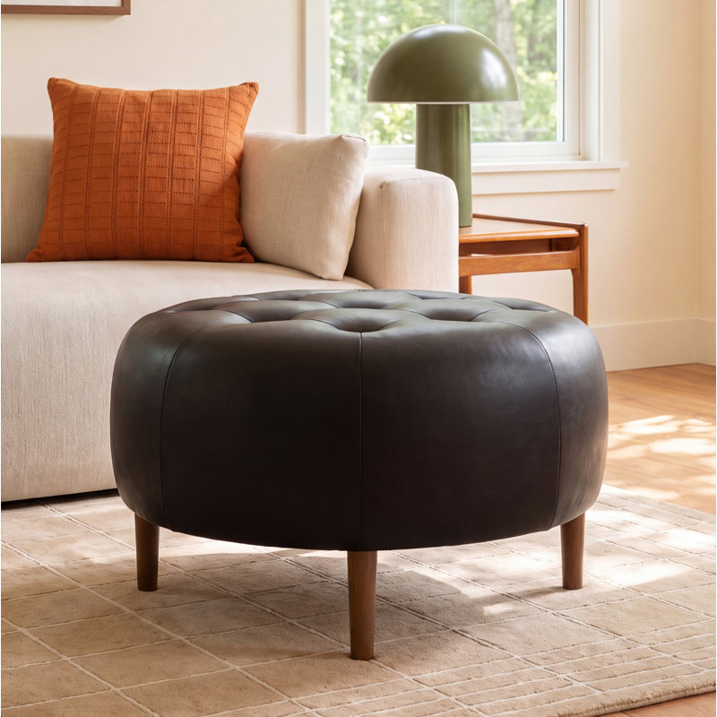 Pritchett Upholstered Ottoman, Vintage Black Genuine Leather