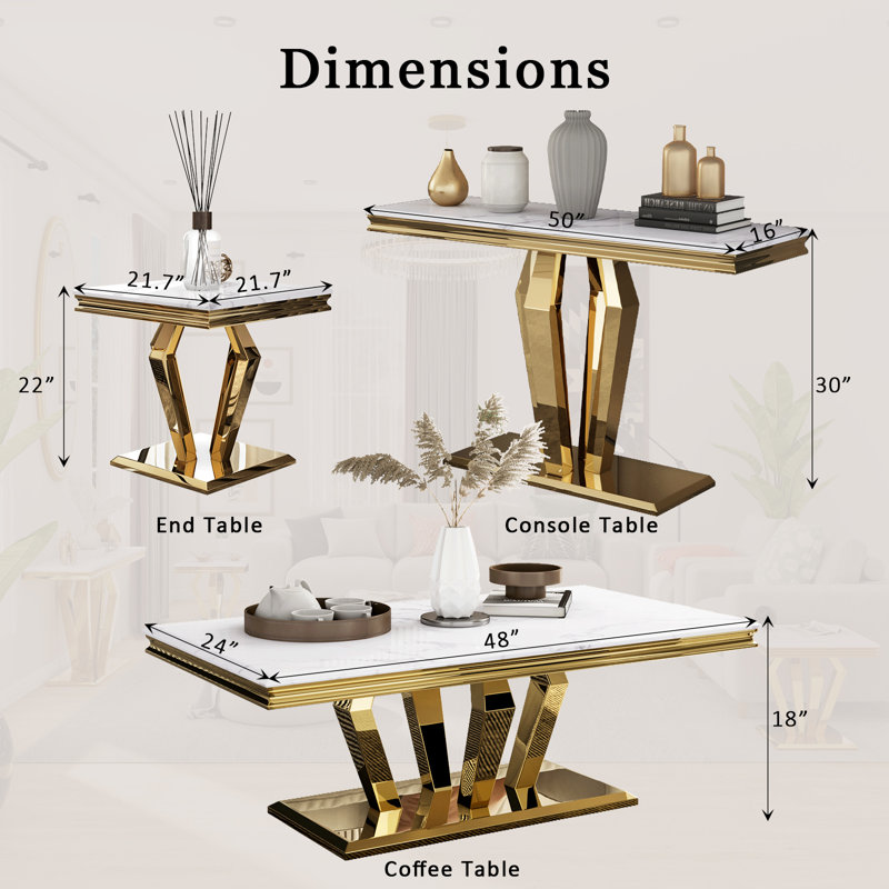 Ensemble de table de salon 3 pièces, ensemble de table basse de luxe avec plateau blanc et structure en acier inoxydable en forme de losange doré, 1 table basse + 1 console + 1 table de bout pour le bureau personnel