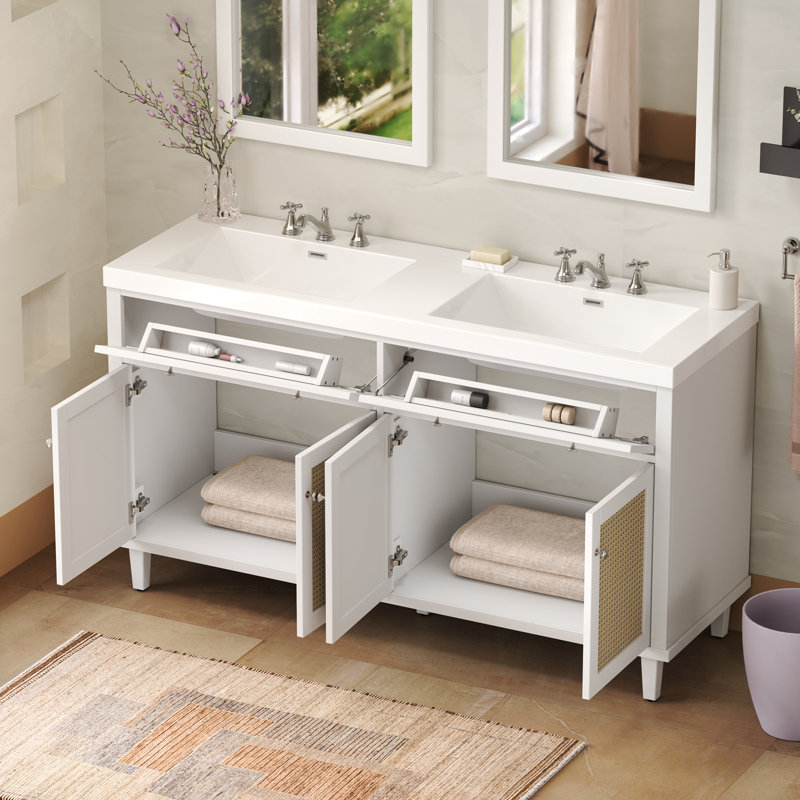 Meuble-lavabo de salle de bain avec double lavabo, 2 tiroirs rabattables et 4 portes à fermeture douce, Blanc