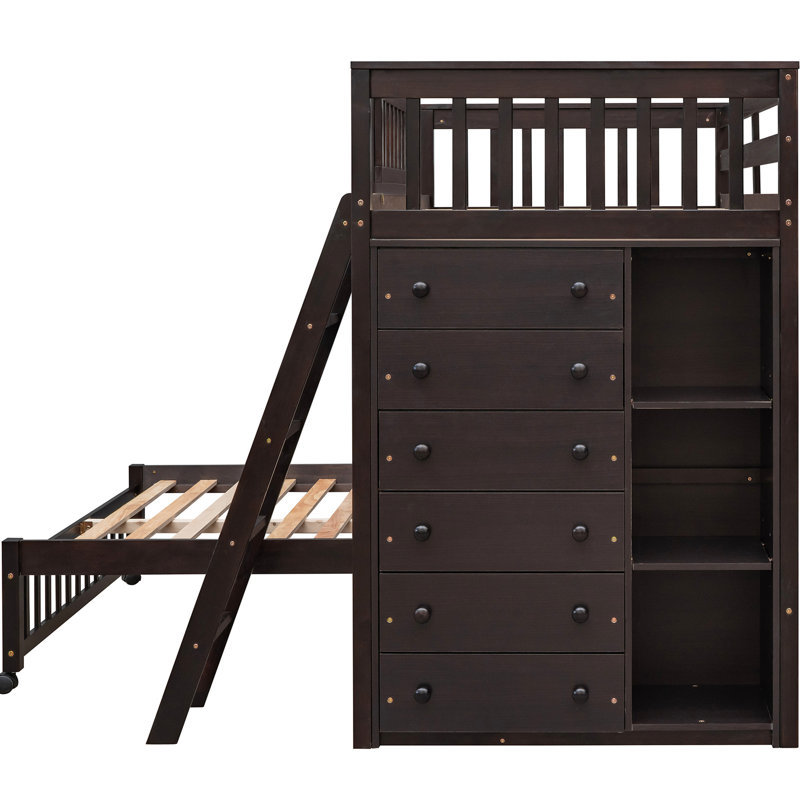 Lit superposé simple au-dessus d'un lit double en bois avec 6 compartiments et système de tablettes personnalisables - Design coloré, 6 tiroirs, tablettes polyvalentes