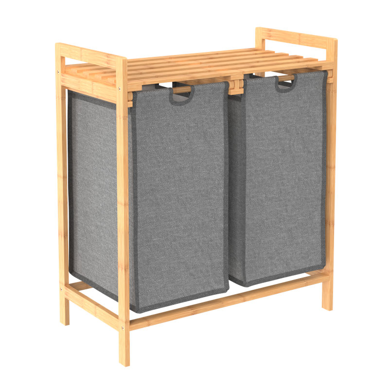 Natural Bamboo Dual Compartment Laundry Sorter with Gray Bags