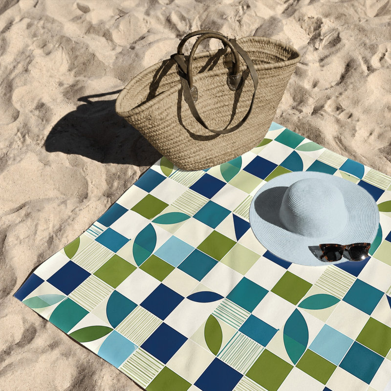 1Pcs Modern Geometric Beach Towel, Featuring Abstract Squares and Arcs in Blue, Green, Beige Tones. Large Microfiber, Perfect for, Travel, Camping, Unisex