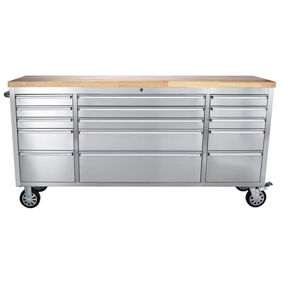 72" Heavy-Duty Rolling Tool Cabinet, 15-Drawer Mobile Workbench with Steel & Rubber Wood Top, Lockable Rolling Tool Chest for Garage, Workshop, Job Site, Silver